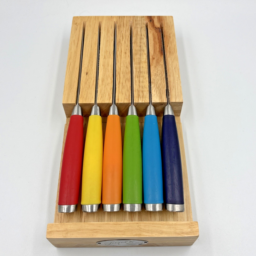Fiesta 6 Piece Steak Knife Set with In-Drawer Wooden Block Multicolor Stainless
